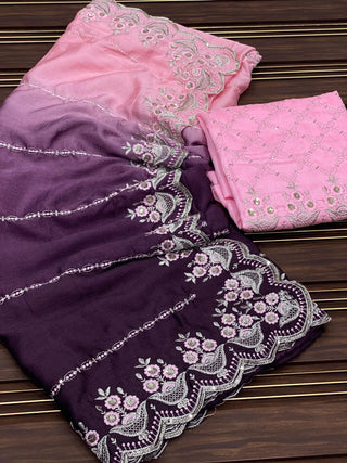 Ship From India! Varman Traditional Indian Saree for Women Ready to Wear Saree Chinon, Banglori Silk with Embroidery Party Wear Fully Stitched Blouse, Listing ID: PRE8940451266842