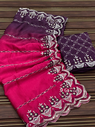 Ship From India! Varman Traditional Indian Saree for Women Ready to Wear Saree Chinon, Banglori Silk with Embroidery Party Wear Fully Stitched Blouse, Listing ID: PRE8940451266842