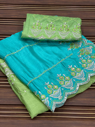 Ship From India! Varman Traditional Indian Saree for Women Ready to Wear Saree Chinon, Banglori Silk with Embroidery Party Wear Fully Stitched Blouse, Listing ID: PRE8940451266842