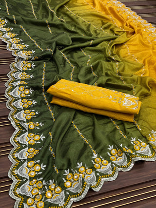 Ship From India! Varman Traditional Indian Saree for Women Ready to Wear Saree Chinon, Banglori Silk with Embroidery Party Wear Fully Stitched Blouse, Listing ID: PRE8940451266842