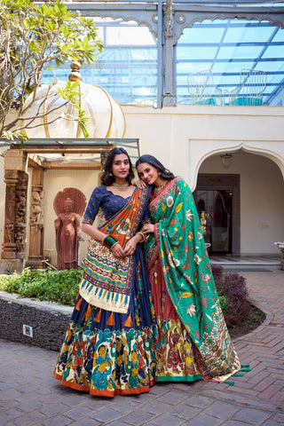 lehenga-choli-dupatta-set-tussar-silk-kalamkari-foil-print-work-2