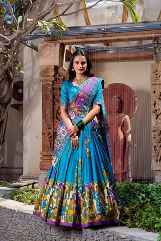 lehenga-choli-dupatta-set-tussar-silk-kalamkari-foil-print-work-color-blue-1