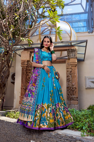 lehenga-choli-dupatta-set-tussar-silk-kalamkari-foil-print-work-color-blue-2