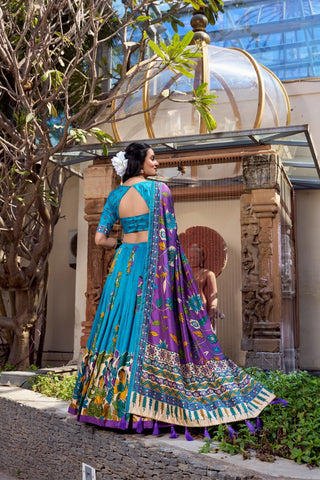 lehenga-choli-dupatta-set-tussar-silk-kalamkari-foil-print-work-color-blue-3