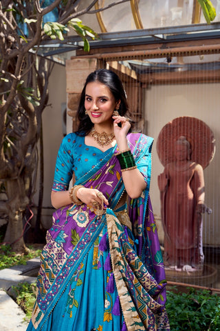 lehenga-choli-dupatta-set-tussar-silk-kalamkari-foil-print-work-color-blue-4