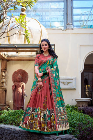 lehenga-choli-dupatta-set-tussar-silk-kalamkari-foil-print-work-color-brown-1