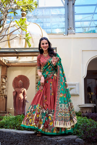 lehenga-choli-dupatta-set-tussar-silk-kalamkari-foil-print-work-color-brown-2