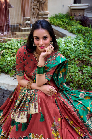 lehenga-choli-dupatta-set-tussar-silk-kalamkari-foil-print-work-color-brown-3