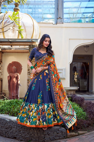 lehenga-choli-dupatta-set-tussar-silk-kalamkari-foil-print-work-color-navy-blue-1