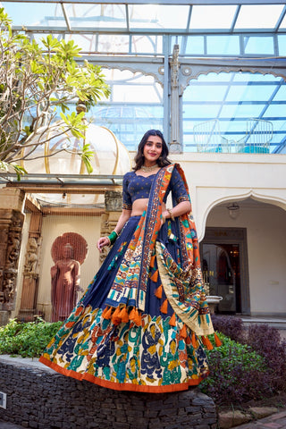 lehenga-choli-dupatta-set-tussar-silk-kalamkari-foil-print-work-color-navy-blue-2