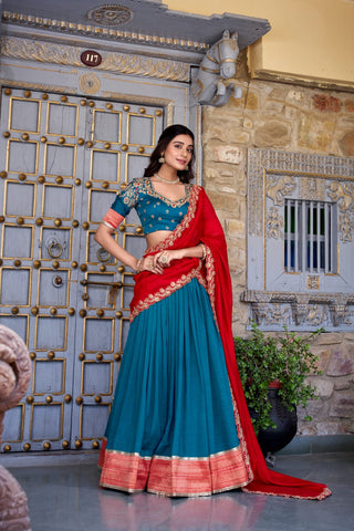 lehenga-kurti-dupatta-set-pure-vichitra-silk-zari-weaving-sequins-lace-work-color-blue-4