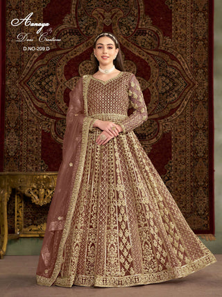 net-long-gown-dupatta-sequence-embroidery-work-color-brown