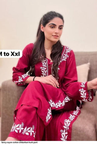 Maroon  Color Stylish Embroidered Chikankari Work Kurti And Pant