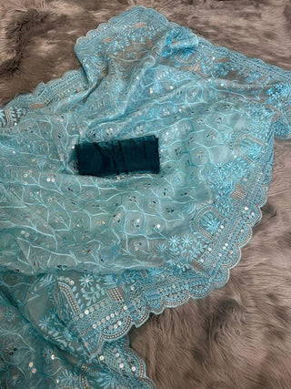 2-3 Days Delivery! Indian Saree for Women Ready to Wear Saree Premium Organza Silk Saree Party Wear Blue Color, Listing ID: 196202825