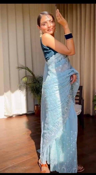 2-3 Days Delivery! Indian Saree for Women Ready to Wear Saree Premium Organza Silk Saree Party Wear Blue Color, Listing ID: 196202825