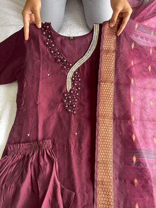premium-roman-silk-kurti-pant-dupatta-set-embroidery-zari-print-work-color-deep-coffee-2