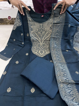 pure-banarasi-kurti-pant-dupatta-suit-set-with-print-hand-zari-waving-jacquard-work-color-blue-4