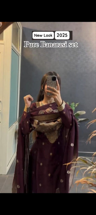 pure-banarasi-kurti-pant-dupatta-suit-set-with-print-hand-zari-waving-jacquard-work-color-maroon-2