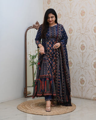 pure-cotton-60-60-top-pant-dupatta-set-with-mill-print-work-color-navy-blue