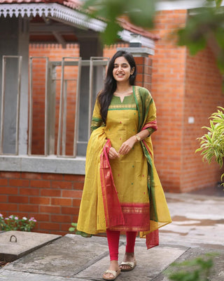 pure-kanchi-cotton-kurti-pant-dupatta-suit-set-print-hand-zari-weaving-work-color-yellow-1
