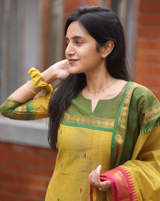pure-kanchi-cotton-kurti-pant-dupatta-suit-set-print-hand-zari-weaving-work-color-yellow-2