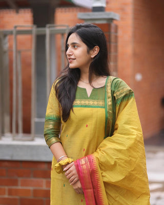 pure-kanchi-cotton-kurti-pant-dupatta-suit-set-print-hand-zari-weaving-work-color-yellow-3