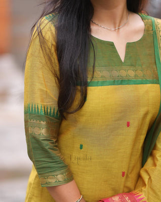 pure-kanchi-cotton-kurti-pant-dupatta-suit-set-print-hand-zari-weaving-work-color-yellow-4