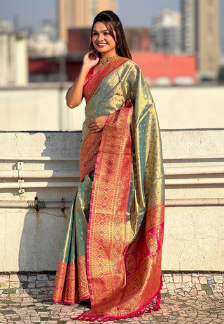 pure-soft-tissue-sarees-with-meenakari-motifs-all-over-contrast-woven-broad-border-green-1