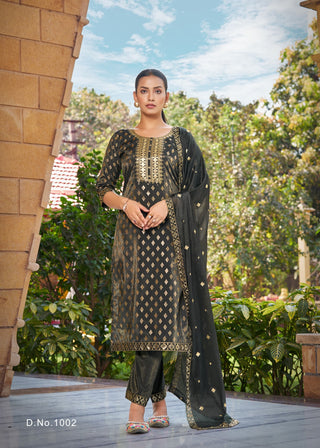 pure-viscose-simmer-roman-kurti-bottom-dupatta-set-with-embroidery-gold-print-work-color-mehendi