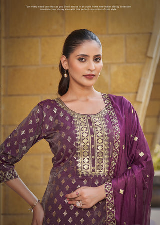 pure-viscose-simmer-roman-kurti-bottom-dupatta-set-with-embroidery-gold-print-work-color-purple-2