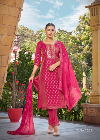 pure-viscose-simmer-roman-kurti-bottom-dupatta-set-with-embroidery-gold-print-work-color-rani