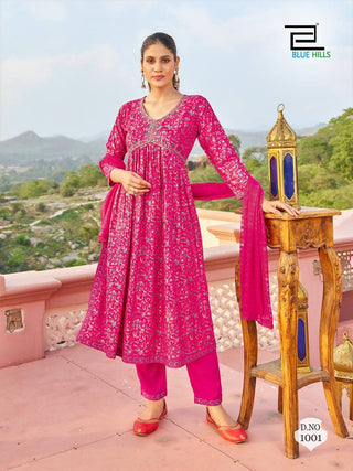 rayon-alia-cut-kurti-set-with-embroidery-print-lace-work-magenta