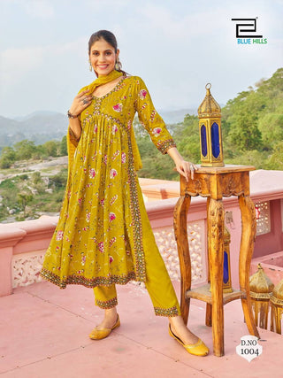 rayon-alia-cut-kurti-set-with-embroidery-print-lace-work-yellow