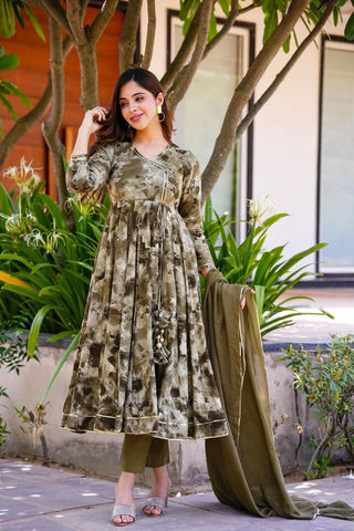 rayon-muslin-gown-pant-dupatta-suit-set-with-floral-print-work-color-army-green
