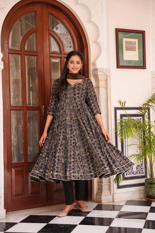 rayon-muslin-gown-pant-dupatta-suit-set-with-floral-print-work-color-black