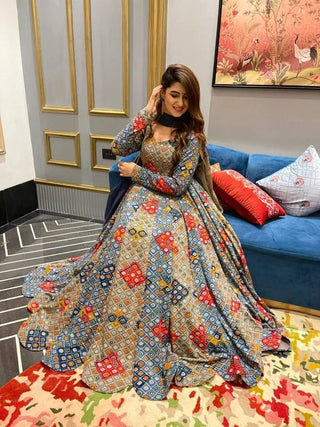 rayon-muslin-gown-pant-dupatta-suit-set-with-floral-print-work-color-blue-red