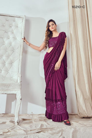 2-3 Days Delivery! Indian Sarees for Women Ready to Wear Pre Stitched One Minute Ready Made Saree to Wear Lycra Fabric with Plait in Sequin work on Pallu Red Color, Listing ID: 434006928