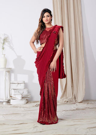 2-3 Days Delivery! Indian Sequence Saree for Women Party Wear Lycra with Stitched Blouse Plait Sequin Red Color, Listing ID: 8817240703258