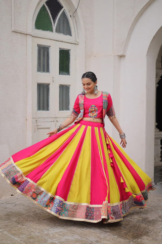 roman-lehenga-choli-set-with-maslin-crochet-print-gotta-lace-embellished-thread-embroidery-codi-lace-work-color-yellow-magenta-7