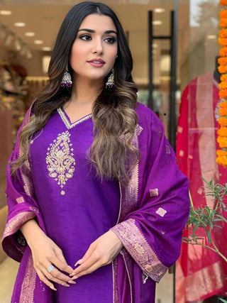 roman-silk-kurti-pant-dupatta-suit-set-with-sequins-embroidery-dori-work-color-purple-2