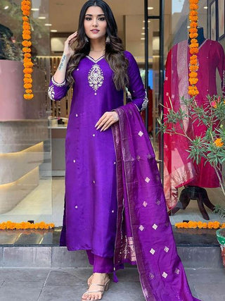 roman-silk-kurti-pant-dupatta-suit-set-with-sequins-embroidery-dori-work-color-purple-3