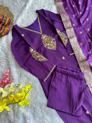 roman-silk-kurti-pant-dupatta-suit-set-with-sequins-embroidery-dori-work-color-purple-7