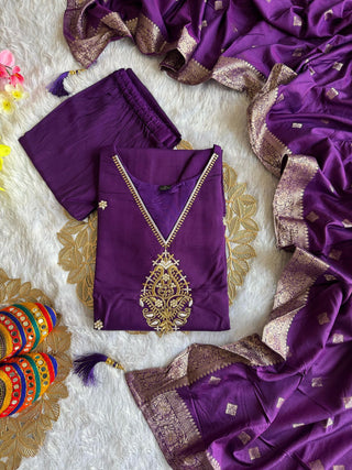 roman-silk-kurti-pant-dupatta-suit-set-with-sequins-embroidery-dori-work-color-purple-8