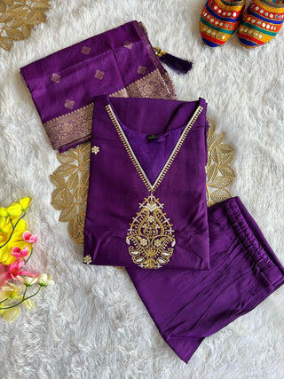 roman-silk-kurti-pant-dupatta-suit-set-with-sequins-embroidery-dori-work-color-purple-9