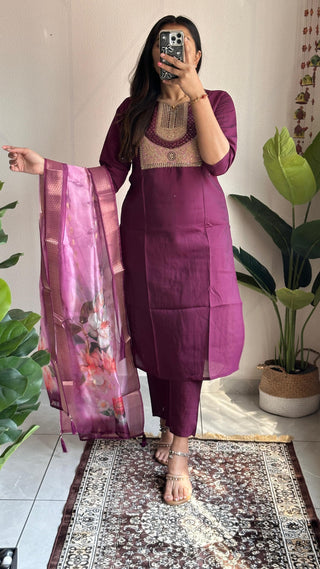 roman-silk-kurti-pant-dupatta-suit-set-with-sequins-embroidery-siroski-diamond-work-color-wine-2