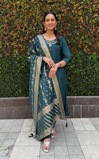roman silk kurti-pant-dupatta-suit-set-hand-sequins-embroidered-work-color-dark-rama-green-1