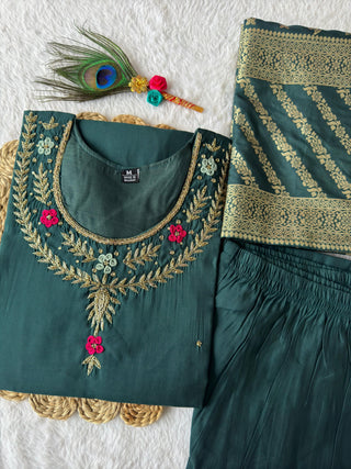 roman silk kurti-pant-dupatta-suit-set-hand-sequins-embroidered-work-color-dark-rama-green-10