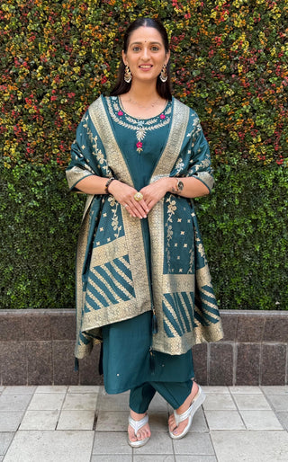 roman silk kurti-pant-dupatta-suit-set-hand-sequins-embroidered-work-color-dark-rama-green-2