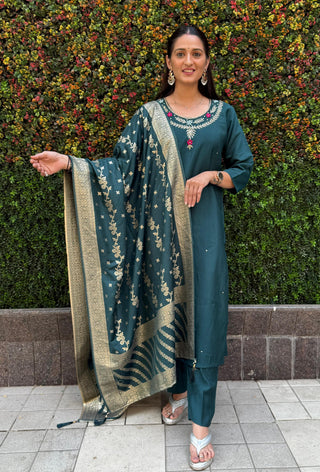 roman silk kurti-pant-dupatta-suit-set-hand-sequins-embroidered-work-color-dark-rama-green-3