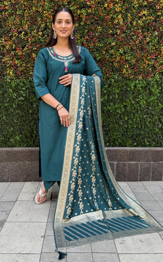 roman silk kurti-pant-dupatta-suit-set-hand-sequins-embroidered-work-color-dark-rama-green-4